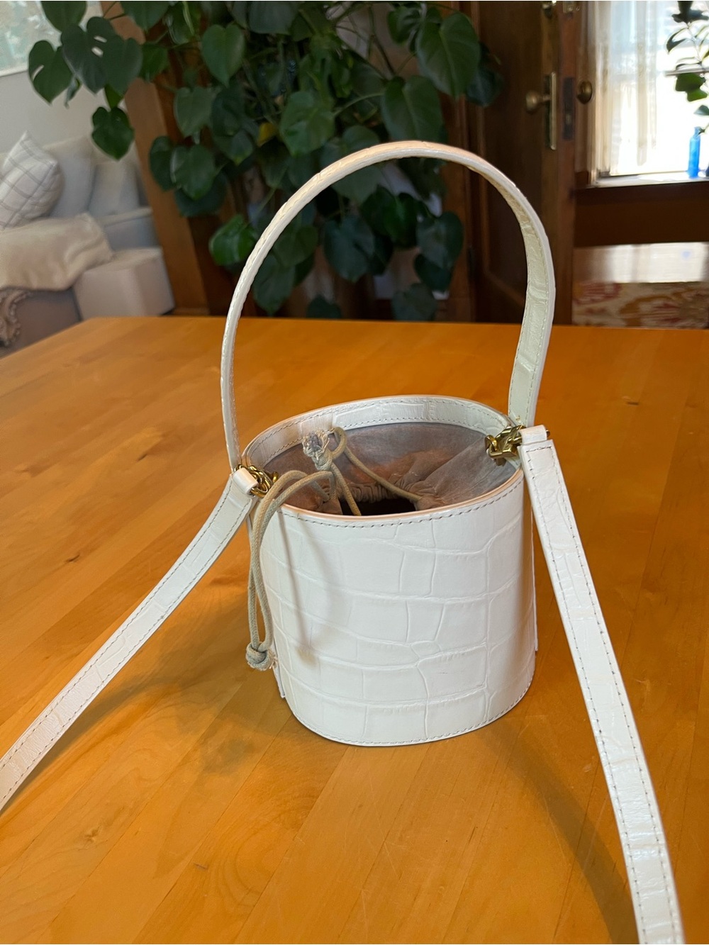 Staud | White Croc-Embossed Bucket Bag with Top Handle - Picture 3 of 8